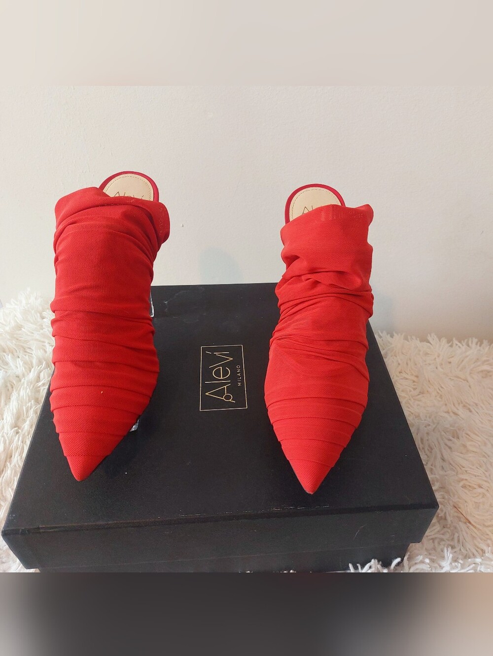 ALEVI MILANO Red Ruched Net Pointed Toe Mules Heels US 7.5